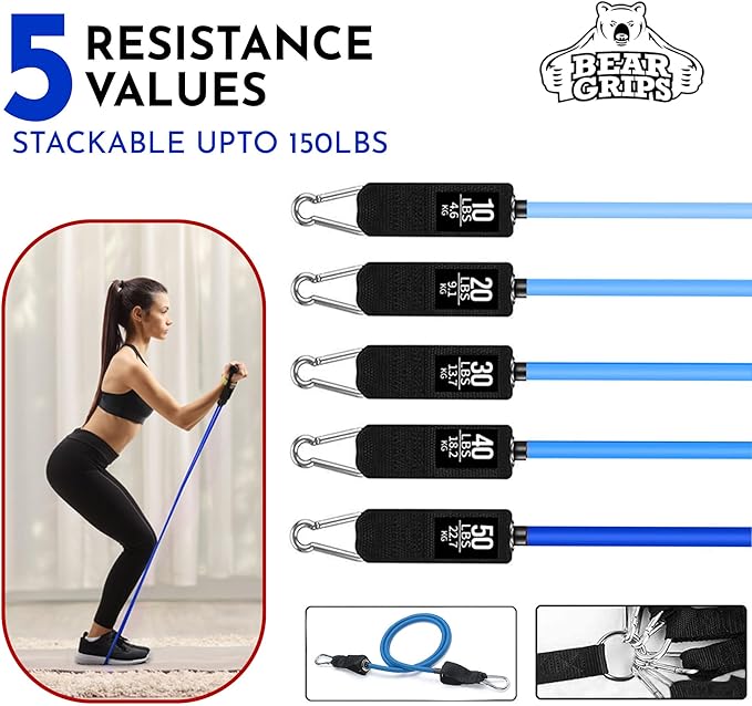 Bear Grips Tube Resistance Bands for Working Out - Home Gym Equipment Exercise Bands with Handles for Women and Men - 11 Pcs Resistance Tubes Workout Set for Yoga Blocks