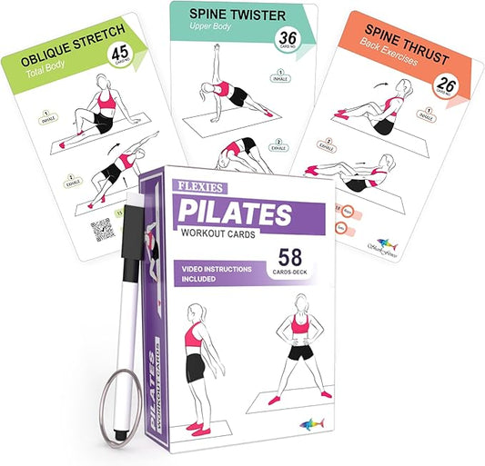 Pilates Workout Cards - 58 Exercise Cards with Pilates Mat Workout Postures, Video Instructions & Breathing Tips | Free Ring & Dry-Erase Marker to Create at home pilates womens workout planner