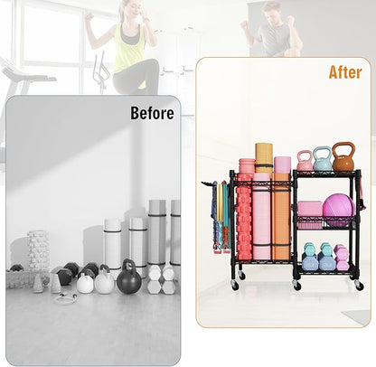 S2 Home Gym Storage, Rolling Yoga Mat Storage and Organizer, Sport Equipment Rack for Dumbbells, Kettlebells, Foam Rollers, Resistance Bands, 11.8" D x 36" W x 32.5" H, Black