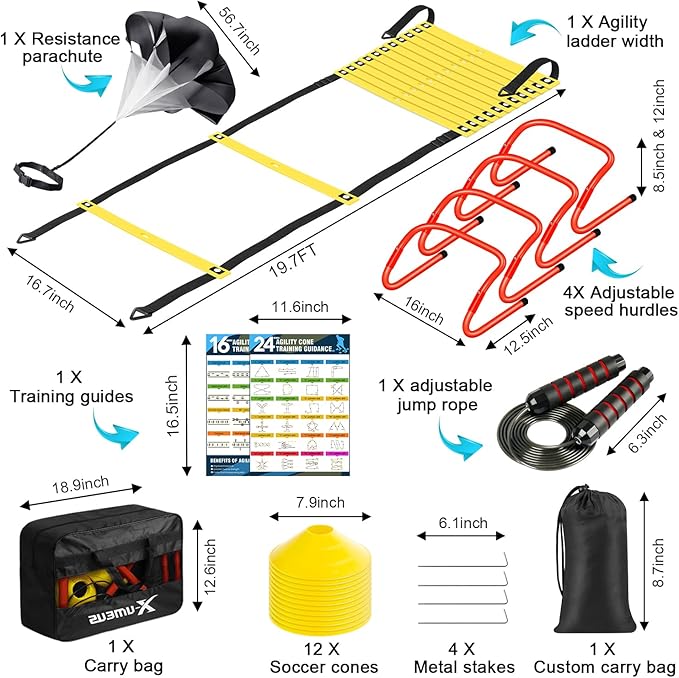 Agility Ladder Speed Training Equipment Set-20ft Agility Ladder 12 Soccer Cones,4 Hurdles,