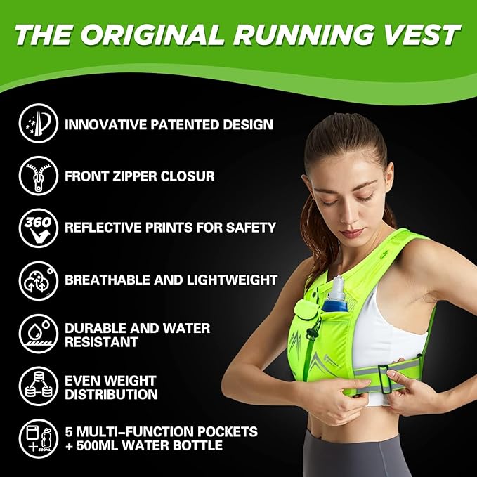 REVALI Running Vest, USA Original Patent, Zip Reflective Running Vests with 500ml Hydration Bottle, Adjustable Waistband & Breathable Material, Chest Pack Gear Phone Holder for Running, Men & Women