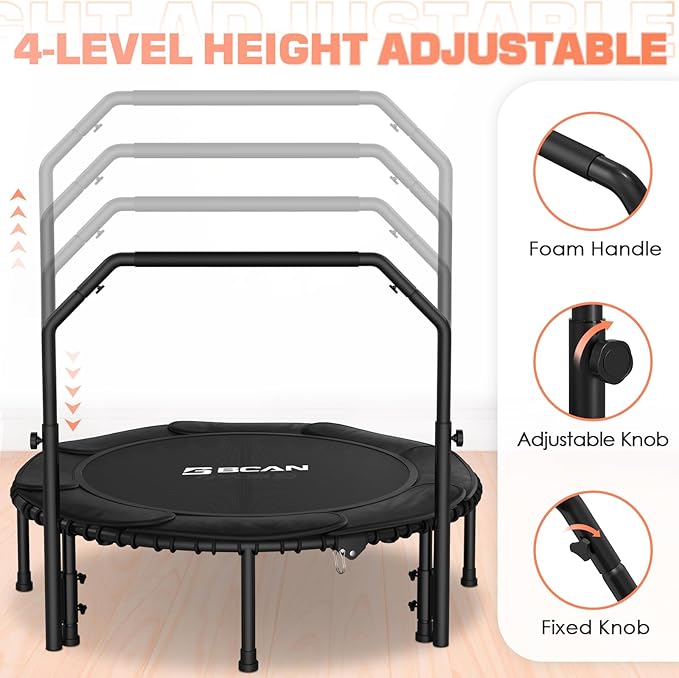 BCAN 450/550 LBS Foldable Mini Trampoline, 40"/48" Fitness Trampoline with Bungees, U Shape Adjustable Foam Handle, Stable & Quiet Exercise Rebounder for Adults Indoor/Outdoor Workout