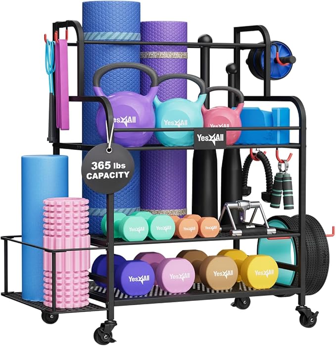 Yes4All All-in-1 Home Gym Storage Rack, Exercise Equipment Organizer - Yoga Mat, Foam Roller, Dumbbells Kettlebells and Weight Rack for Home Gym, Workout Organization Cart with Hooks and Casters