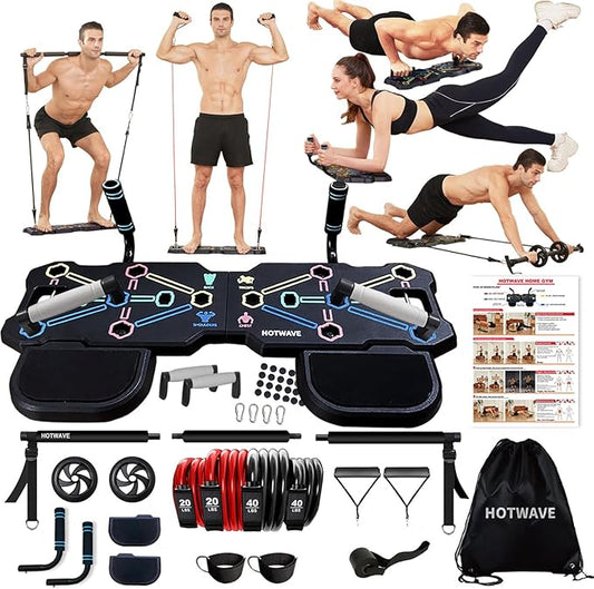 HOTWAVE Portable Workout Equipment with 20 Gym Accessories.Push Up Board &Plank,Resistance Band with Ab Roller Wheel,Exercise at Home For Men and Women