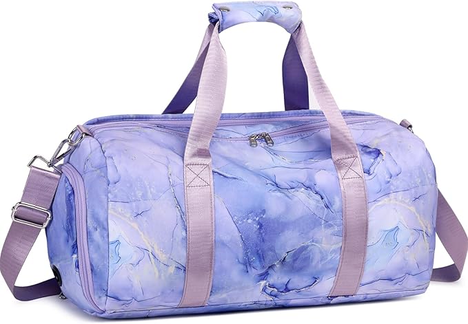 JIANYA Kids Sports Bag Overnight Bag for Girls Womens Small Gym Duffle Bag Teens Gymnastics Bag Sleepover Bag with Shoe Compartment, Marble Purple