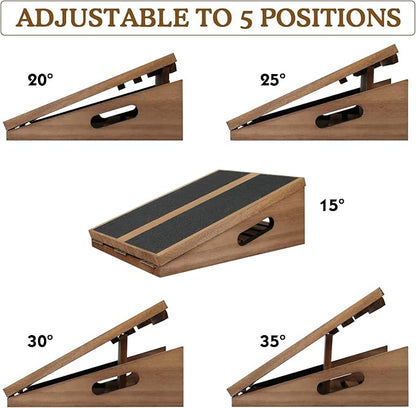 Professional Slant Board Calf Stretcher: Adjustable Incline Stretch Squat Wedge, Posture Board Wooden Physical Therapy Equipment, Non Slip Achilles Stretcher with Extra Side Handle - Brown