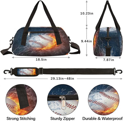 Sport Baseball In Fire Water Gym Bag for Women Men, Small Travel Duffel Bag for Sports Getaway Overnight Bag Lightweight Weekender Bags Workout Bag Dance Bag for Boys Girls Kids Teens