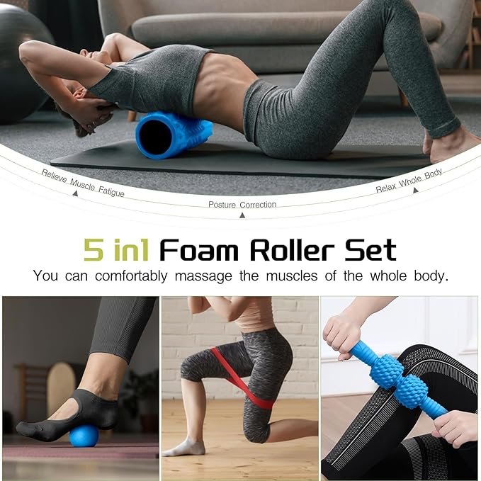 5-in-1 Foam Roller Set, Massage Roller Stick, Massage Ball, Resistance Band for Deep Muscle Massage, Trigger Point Release, Pilates, Yoga (Blue)