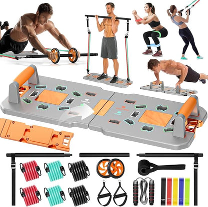 Professional Strength Training Equipment Strengthened by Durable Metal Frame, Push Up Board, Portable & Foldable Push Up Bar Set for Home Gym Fitness, Pushup Handles, Resistance Bands, Ab Roller, etc.