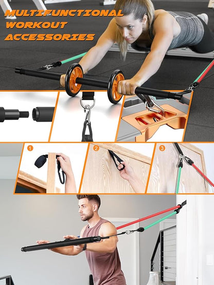 Professional Strength Training Equipment Strengthened by Durable Metal Frame, Push Up Board, Portable & Foldable Push Up Bar Set for Home Gym Fitness, Pushup Handles, Resistance Bands, Ab Roller, etc.