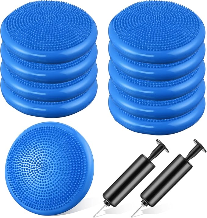 Leitee 10 Pcs Inflated Wobble Cushion Balance Disc Wiggle Seat with Needle Pump Sensory Balance Cushion for Exercise Fitness Yoga Strengthen Core Stability Physical Therapy Home School