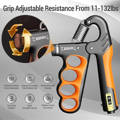 Hand Grips Strengthener, Forearm Strength Trainer- Adjustable Resistance 11-220Lbs Hand gripper with Counting,Finger Exerciser,Hand Extension Exerciser for Muscle Building and Injury Recover Combo Set