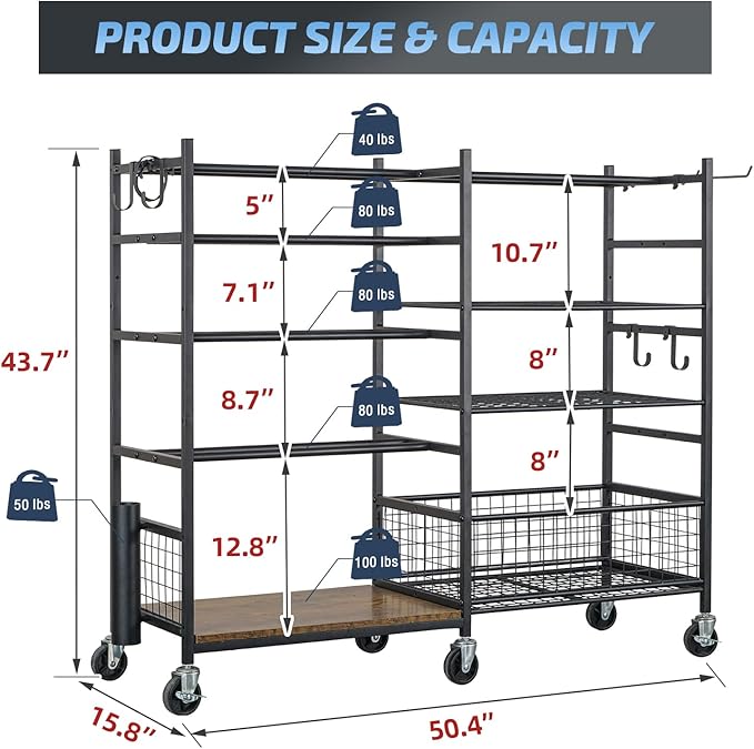 PLKOW Dumbbell Rack, Weight Rack for Dumbbells, Home Gym Storage for Dumbbells Kettlebells Yoga Mat and Balls, All in One Workout Storage with Wheels and Hooks, Powder Coated Finish Steel