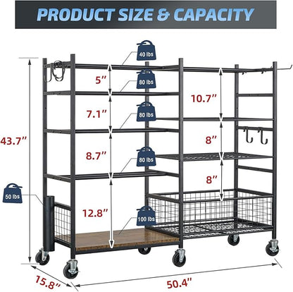 PLKOW Dumbbell Rack, Weight Rack for Dumbbells, Home Gym Storage for Dumbbells Kettlebells Yoga Mat and Balls, All in One Workout Storage with Wheels and Hooks, Powder Coated Finish Steel