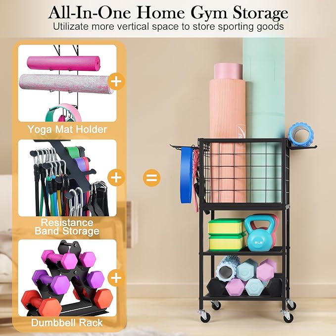 ETELI Weight Rack for Home Gym Dumbbells Yoga Mat Storage Rack Cart Small Metal Wood Home Gym Workout Equipment Storage with Hooks for Yoga Block Foam Rollers Resistance Bands