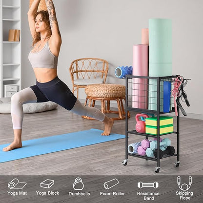 ETELI Weight Rack for Home Gym Dumbbells Yoga Mat Storage Rack Cart Small Metal Wood Home Gym Workout Equipment Storage with Hooks for Yoga Block Foam Rollers Resistance Bands