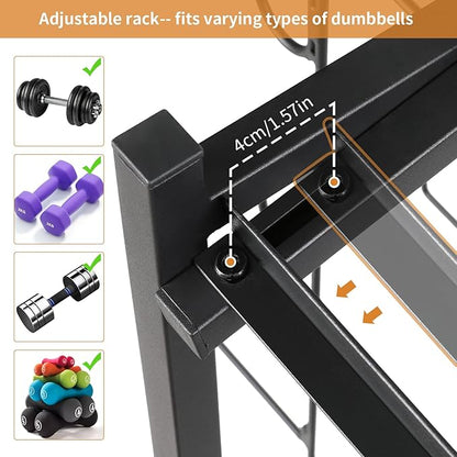 Large Home Gym Storage for Dumbbells Kettlebells Yoga Mat and Balls, Size adjustable Dumbbell Rack, All in One Workout Storage with Hooks, Weight Capacity 550 lbs