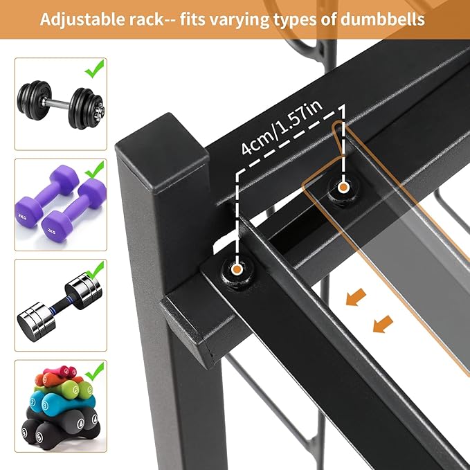 Large Home Gym Storage for Dumbbells Kettlebells Yoga Mat and Balls, Size adjustable Dumbbell Rack, All in One Workout Storage with Hooks, Weight Capacity 550 lbs