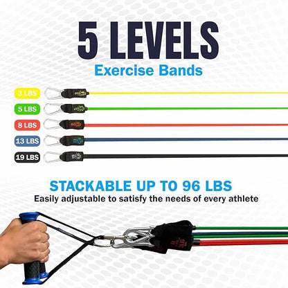 Bodylastics Resistance Band Set - Resistance Bands with Handles, Ankle Straps, Door Anchor, Carry Bag - Heavy-Duty Stretch Exercise Bands -Patented Clips and Snap Reduction Tech -Fitness Workout Bands