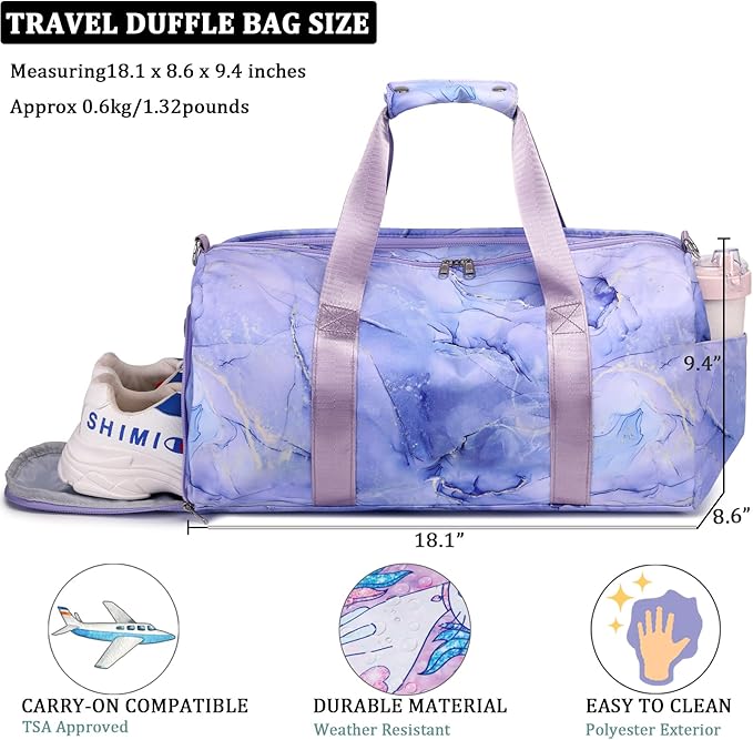 JIANYA Kids Sports Bag Overnight Bag for Girls Womens Small Gym Duffle Bag Teens Gymnastics Bag Sleepover Bag with Shoe Compartment, Marble Purple