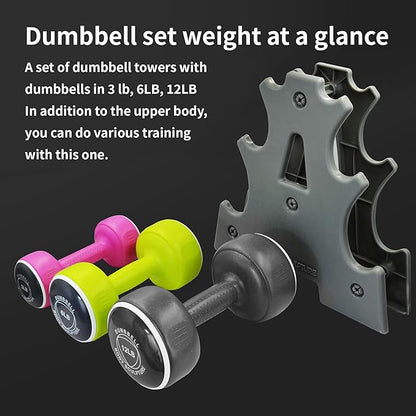 Body Sculpture weights set Free‑Weight Dumbbell Set with Rack Set includes 3, 6 and 12 lb weights ideal for men and women for small and large muscle groups