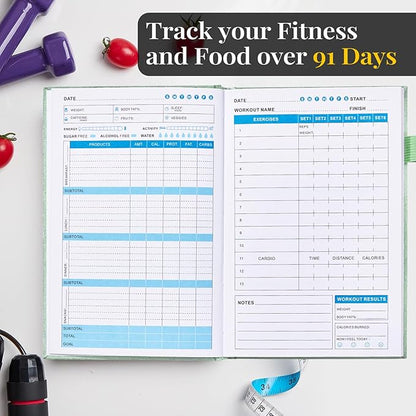 Weight Loss Journal for Women, 90 Days Food and Fitness Planner, Calories Counter Book to Track Meal And Exercise, Weightlifting Journal Home Gym Accessories Gift-Green