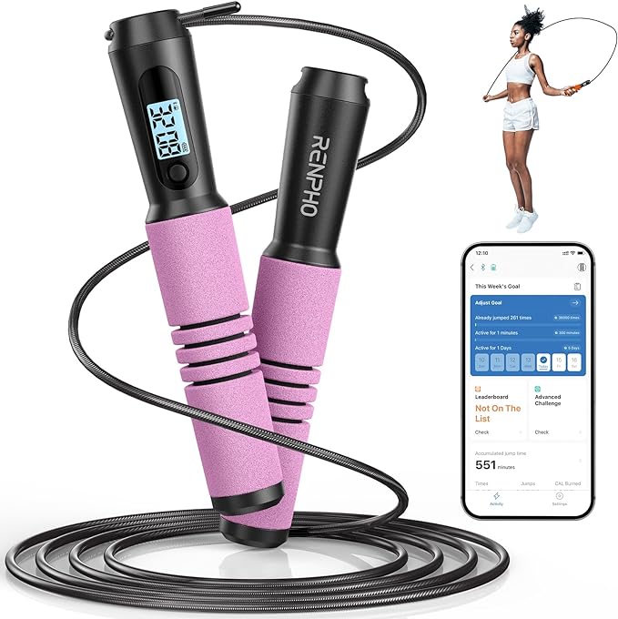 RENPHO Smart Jump Rope, Fitness Skipping Rope with APP Data Analysis, Workout Jump Ropes for Home Gym, Crossfit, Jumping Rope Counter for Exercise for Men, Women