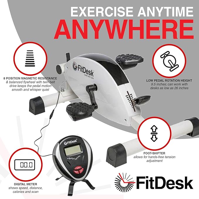 FitDesk Under Desk Bike Pedal Machine with Magnetic Resistance for Quiet, Fluid Motion - Adjustable Tension with Digital Performance Meter