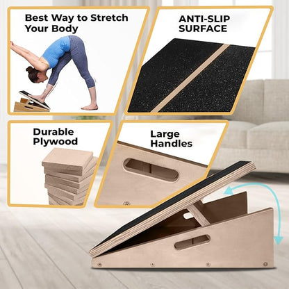 Wooden Adjustable Slant Board for Calf Stretching - Professional Non Slip Calf Stretcher Slant Board with 5 Positions - Slant Board for Squats Knees Over Toes & Home Fitness - Incline Board