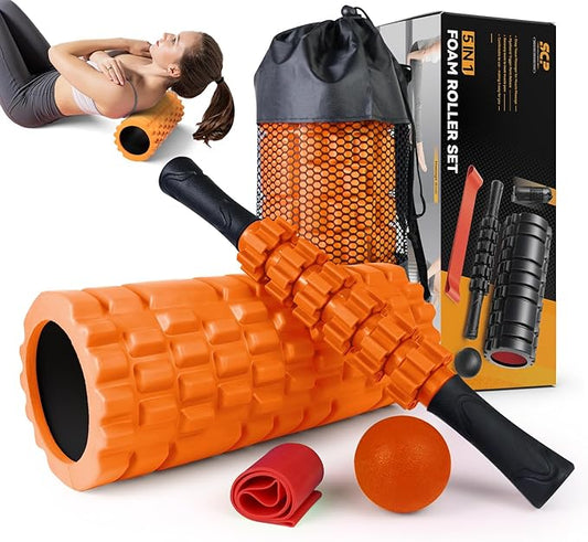 5 in1 Foam Roller Set, Trigger Point Foam Roller, Massage Roller Stick, Massage Ball, Resistance Band for Deep Muscle Massage Pilates Yoga,Fitness Exercise for Whole Body (Orange-Black)