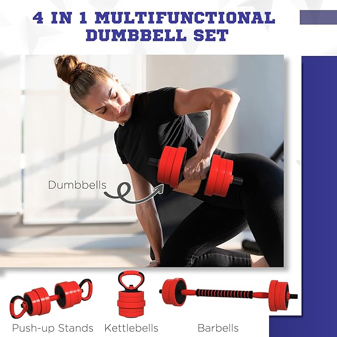 Soozier Adjustable Dumbbell Sets, 4 in1 Weights Dumbbells Set Used as Barbell, Kettlebells, Push up Stand, Free Weight Set for Men and Women Home Gym Training, Red 44/55/66lbs