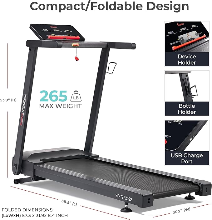 Sunny Health & Fitness Interactive Slim Folding Treadmill with Advanced Brushless Technology, Enhanced Stabilization, Exclusive SunnyFit App Bluetooth Connectivity, Optional 12-Level Auto Incline