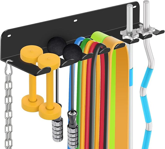 FizLig Gym Equipment Storage Rack - Multi-Purpose Home Gym Organization Storage Wall Mount for Resistance Bands, Jump Ropes, Lifting Belt, Chains, Barbells (16" / 8 Prongs)