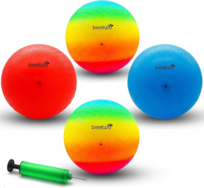 Four Square Balls, 8.5 Inch Playground Ball for Kids Outdoor Dodgeball Kickball Handball Game with Hand Pump