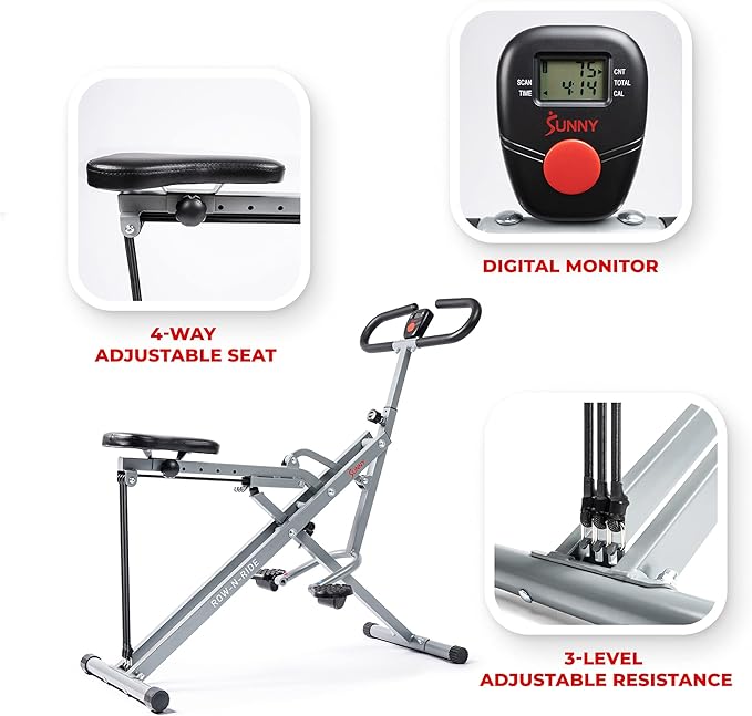 Sunny Health & Fitness Row-N-Ride Squat Assist Trainer for Glutes & Legs Workout with Adjustable Resistance, Optional Full Motion & Smart Connected Fitness App