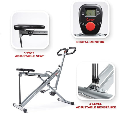 Sunny Health & Fitness Row-N-Ride Squat Assist Trainer for Glutes & Legs Workout with Adjustable Resistance, Optional Full Motion & Smart Connected Fitness App