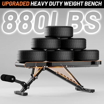 SPORTIC Adjustable Weight Bench - 880LBs Workout Bench for Full Body Strength Training, Adjustable Bench Press for Home Gym, Weight Lifting Bench with Two Resistance Ropes - Incline Decline Bench with Quick Folding