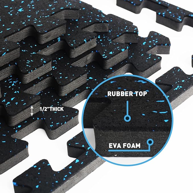 0.56 Inch Thick Gym Flooring for Home Gym with Rubber Top - 48 Sq Ft Interlocking Gym Floor Tiles - Workout Equipment Vibration Reduction Mats - 12 Pcs 24 x 24in Tile, Black & Blue