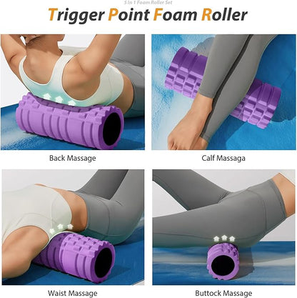 SUBCULTUREPICK5 in 1 Foam Roller Set for Deep Tissue Muscle Massage, Trigger Point Fitness Patented Exercise Foam Roller, Massage Roller, Massage Ball, Stretching Strap, for Whole Body (Purple)