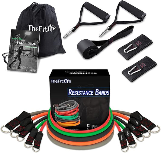 TheFitLife Exercise Resistance Bands with Handles - 5 Fitness Workout Bands Stackable up to 110/150/200/250/300 lbs, Training Tubes with Large Handles, Ankle Straps, Door Anchor, Carry Bag