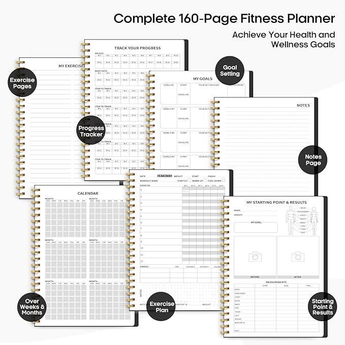 Fitness Workout Journal for Women & Men, A5(5.5" x 8.2") Workout Log Book Planner for Tracking, Progress, and Achieving Your Wellness Goals-Black