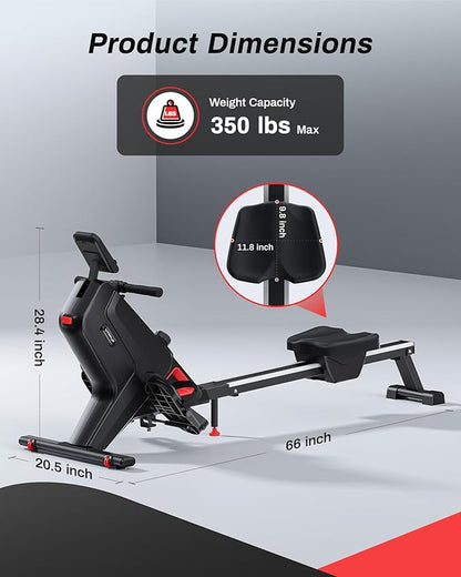 Magnetic Rowing Machines for Home, Compact and Saves Space - Vertical/Folding Storage, 350 LB Weight Capacity with Bluetooth App Supported, Tablet Holder and Comfortable Seat Cushion