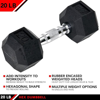 JFIT Rubber Hex Dumbbells - 8 Size Options - Hex Shaped Heads Prevent Rolling and Injury - Ergonomic Hand Weights for Exercise, Muscle, Strength and Weight Training