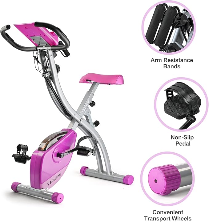 Folding Exercise Bike Portable Upright Adjustable Backrest Cycling Recumbent Stationary Bike Slim Indoor Workout Fitness Cardio Foldable Exercise Bicycle Machine with Pulse Sensor LCD Monitor Arm Resistance Bands