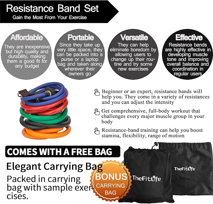 TheFitLife Exercise Resistance Bands with Handles - 5 Fitness Workout Bands Stackable up to 110/150/200/250/300 lbs, Training Tubes with Large Handles, Ankle Straps, Door Anchor, Carry Bag