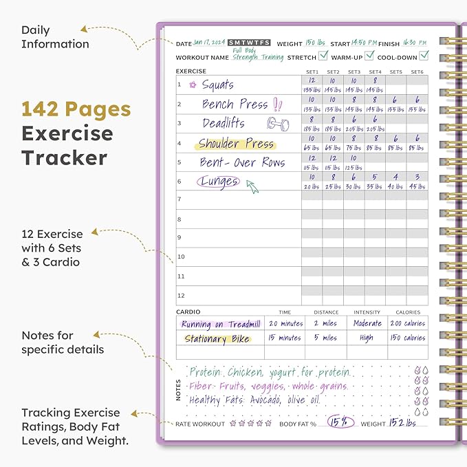 Fitness Workout Journal for Women & Men, A5(5.5" x 8.2") Workout Log Book Planner for Tracking, Progress, and Achieving Your Wellness Goals - Purple