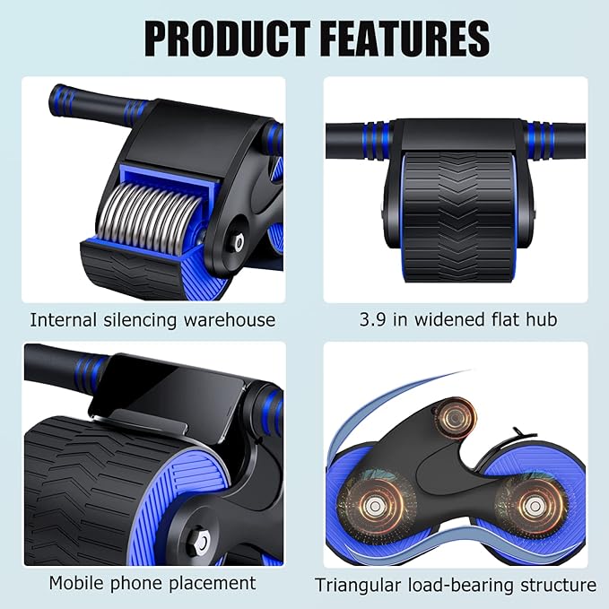 Ab Roller Wheel, Automatic Rebound Abdominal Wheel, Ab Roller for Abs Workout with Knee Mat, Abdominal Wheel for Home, Gym, Women Men or Beginners blue