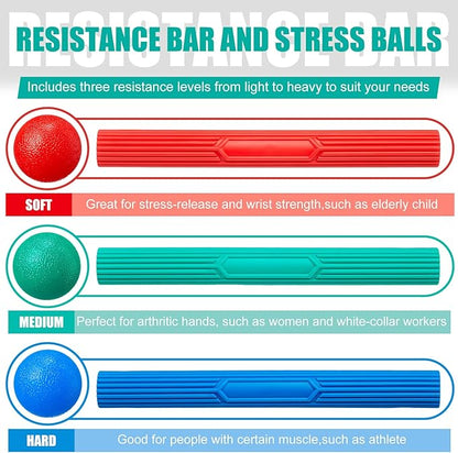 3 Pcs Twist Hand Exerciser Bars With 3 Hand Exercise Balls Fitness Resistance Bars for Physical Therapy Flexible Elbow Stress Balls Relieve Tendonitis Pain and Improve Grip Strength