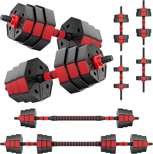 Adjustable Dumbbells Set,20lbs/30lbs/50lbs Weight Plate with Connector Used as Barbell, Fitness Strength Exercises for Home Gym, Red