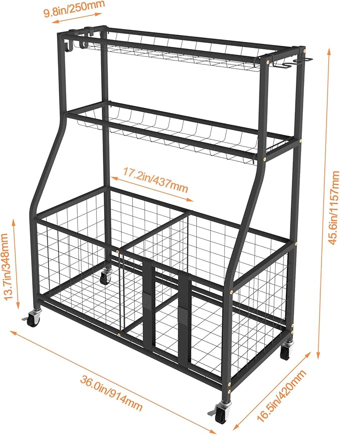 Uboway Garage Organizers and Storage - Sports Equipment Organizer with Basket and Hooks, Toys Storage Organizer, Ball Storage Rack for Basketball,Tennis Ball, Volleyball, Football, Baseball, Black